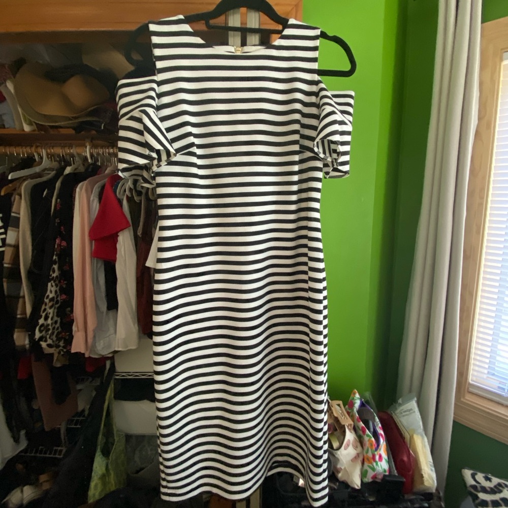 Calvin Klein Black and White Striped Cold Shoulder Dress